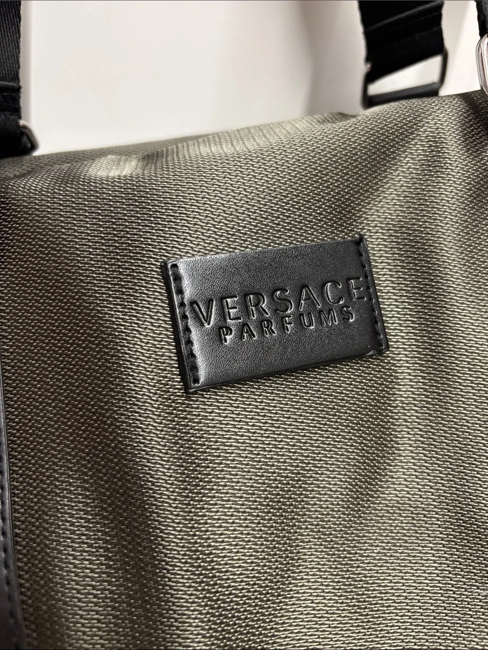 Versace Parfums Olive Green and Black Travel Duffle Bag - Broken Zipper
